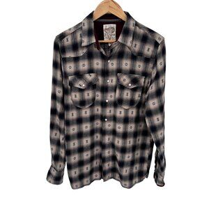Third & Army Flannel Pearl Snap Shirt Mens Small Tan Blue‎ Aztec Print Cotton